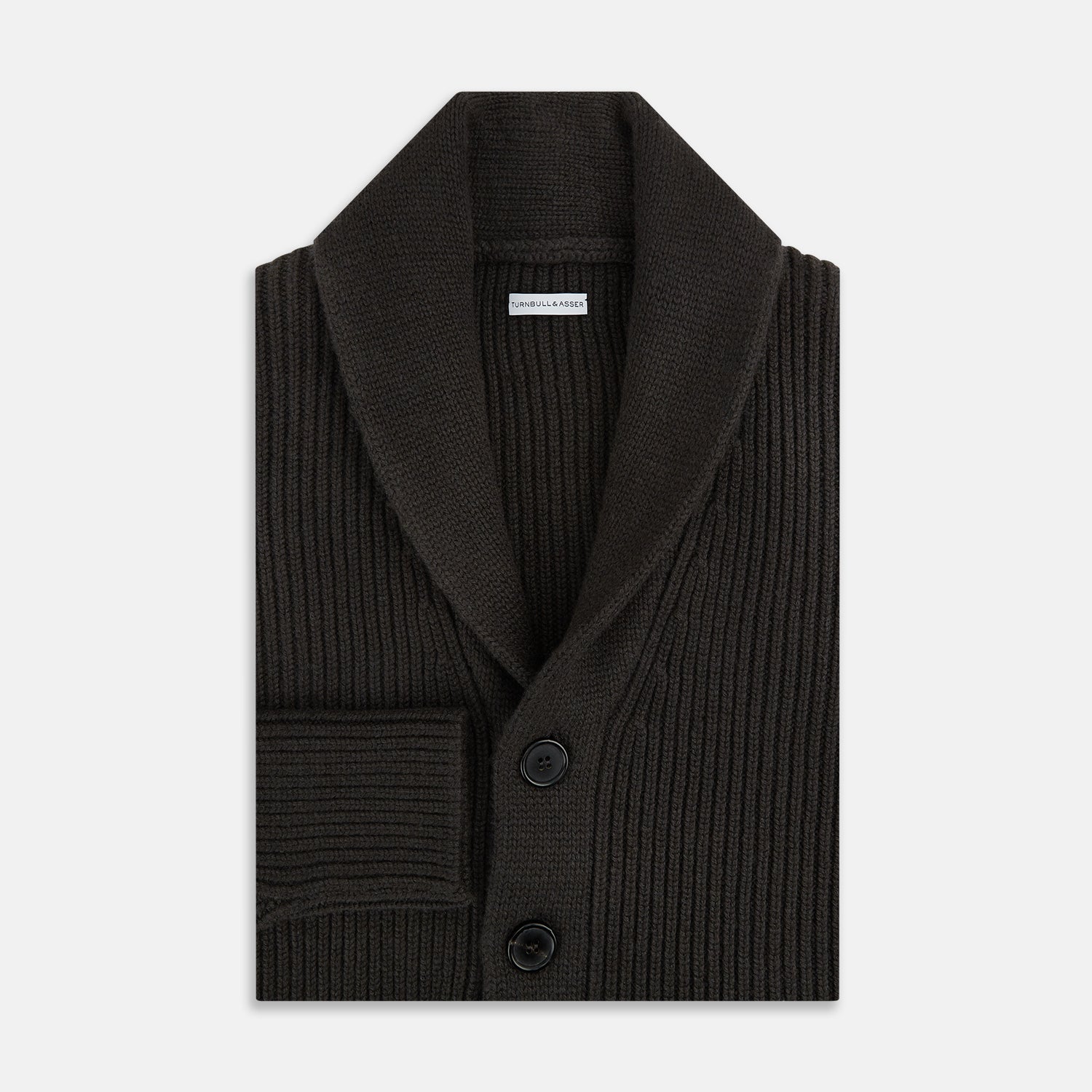 View 4 of product The Turnbull & Asser Dark Brown Cashmere Shawl Collar Cardigan features a ribbed knit, five black front buttons, and two front pockets, highlighting handcrafted quality against a white background.