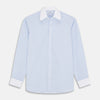 View 1 of product The Turnbull & Asser Micro Blue Check with White Collar and Cuff Shirt, a light blue long-sleeve style, features contrasting white collar and cuffs, buttoned down the front and laid flat on a white background.