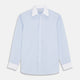 The Turnbull & Asser Micro Blue Check with White Collar and Cuff Shirt, a light blue long-sleeve style, features contrasting white collar and cuffs, buttoned down the front and laid flat on a white background.