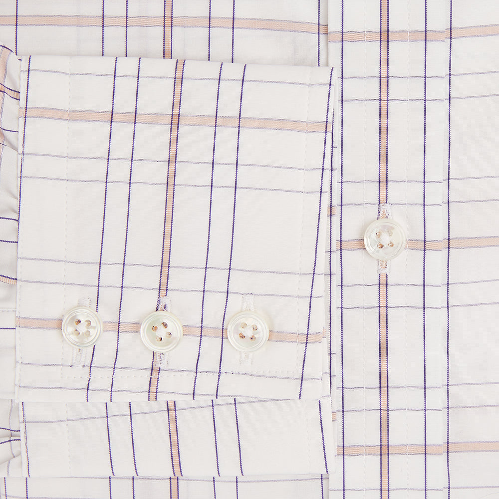 Turnbull & Asser’s Purple and Rose Multi Check Mayfair Shirt features a long-sleeve British design with a white base and purple and rose checks, shown on a plain white background.