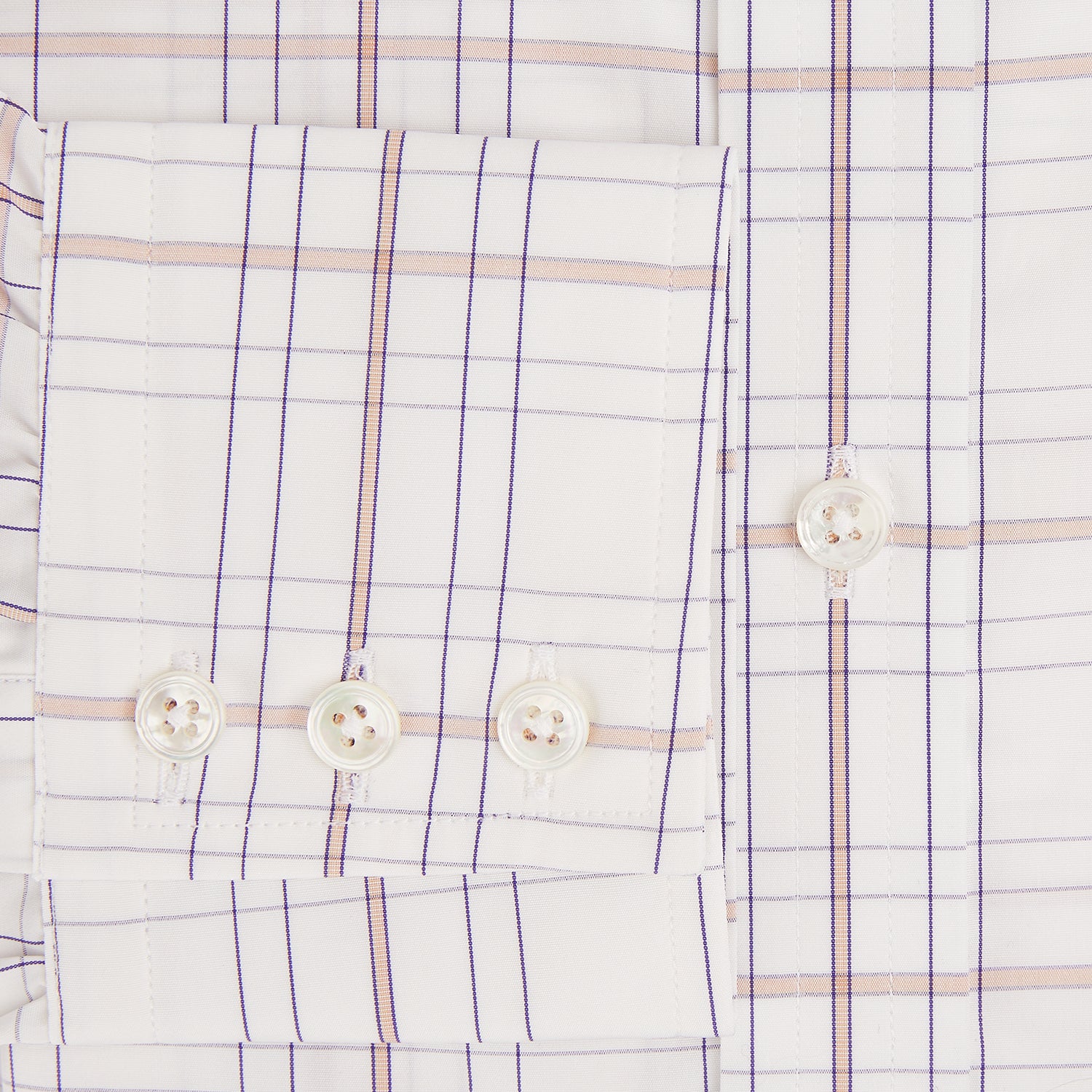 View 4 of product Turnbull & Asser’s Purple and Rose Multi Check Mayfair Shirt features a long-sleeve British design with a white base and purple and rose checks, shown on a plain white background.