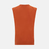 View 3 of product The Turnbull & Asser Orange Cashmere V-Neck Vest adds vibrant style to men’s fashion, featuring a ribbed hem and sleeveless design. Shown against a plain white background.