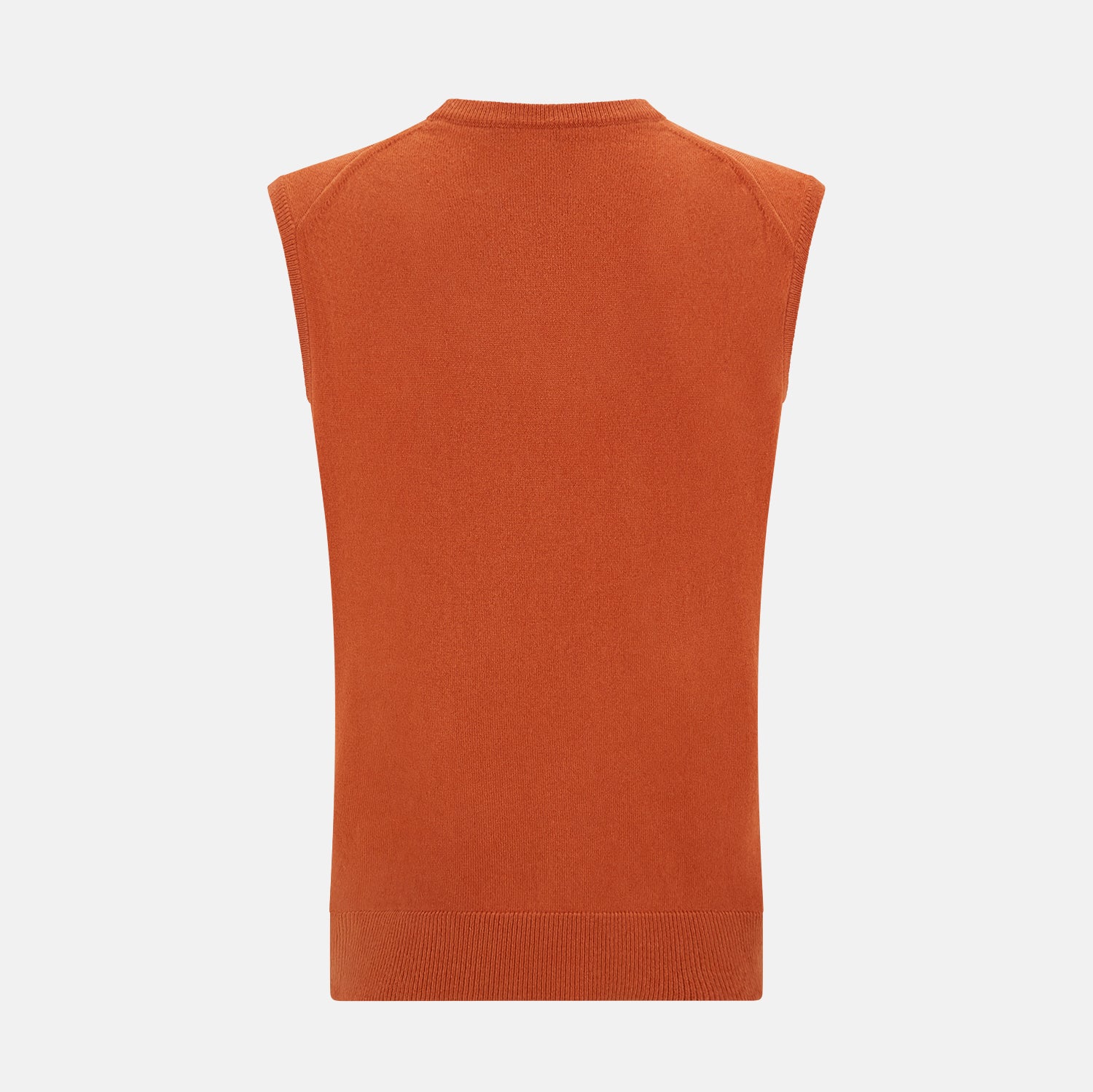 View 3 of product The Turnbull & Asser Orange Cashmere V-Neck Vest adds vibrant style to men’s fashion, featuring a ribbed hem and sleeveless design. Shown against a plain white background.