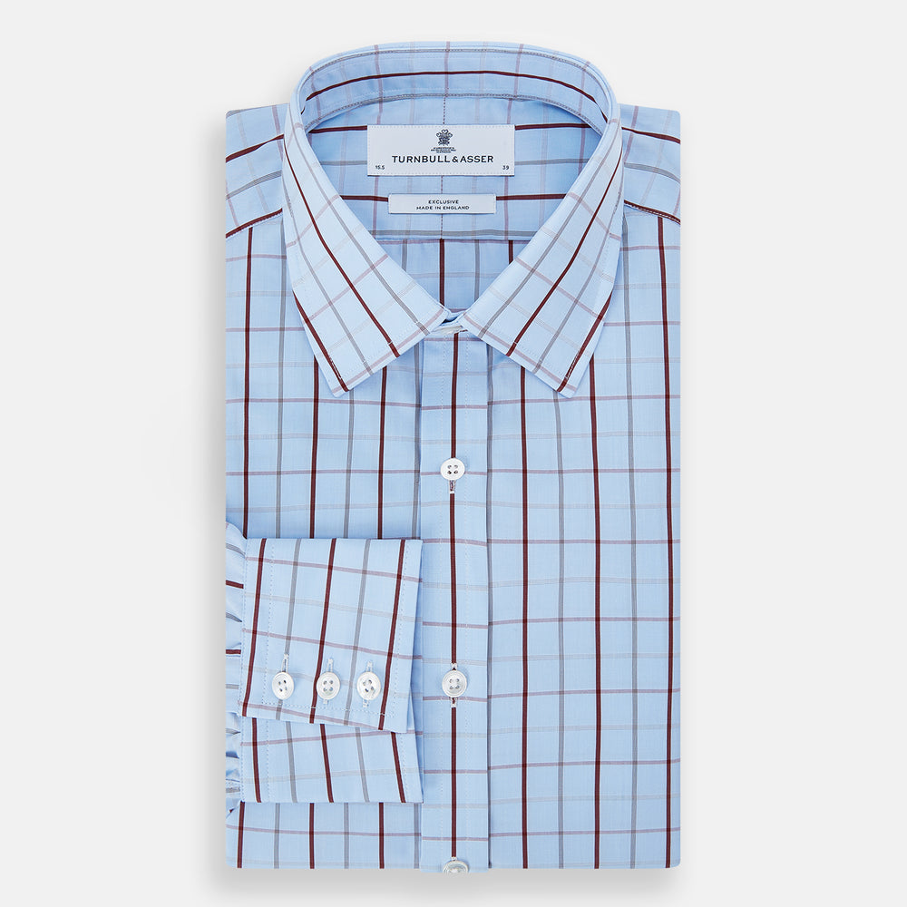 The Burgundy Multi Combination Check Mayfair Shirt by Turnbull & Asser features a classic check pattern and refined British craftsmanship, laid flat on a white background.