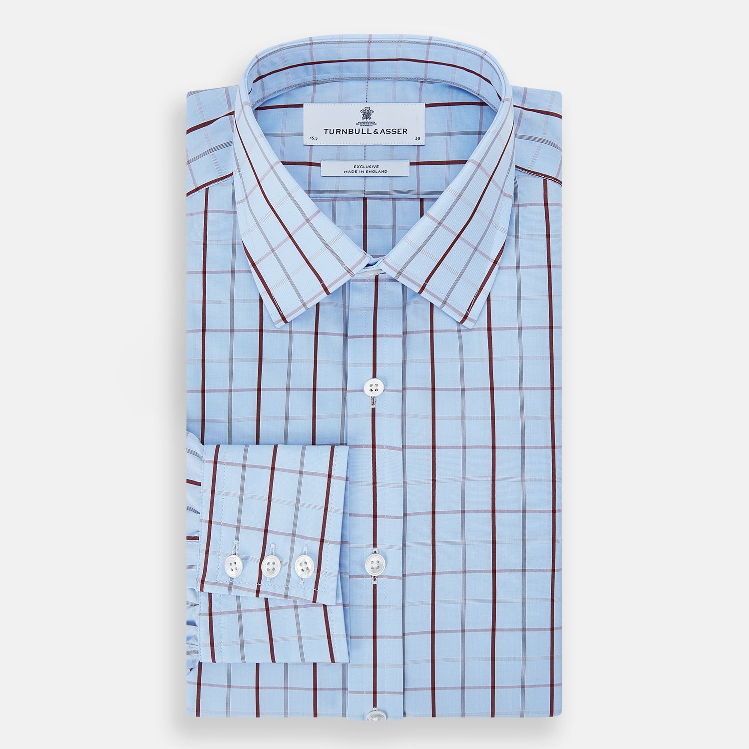 View 5 of product The Burgundy Multi Combination Check Mayfair Shirt by Turnbull & Asser features a classic check pattern and refined British craftsmanship, laid flat on a white background.