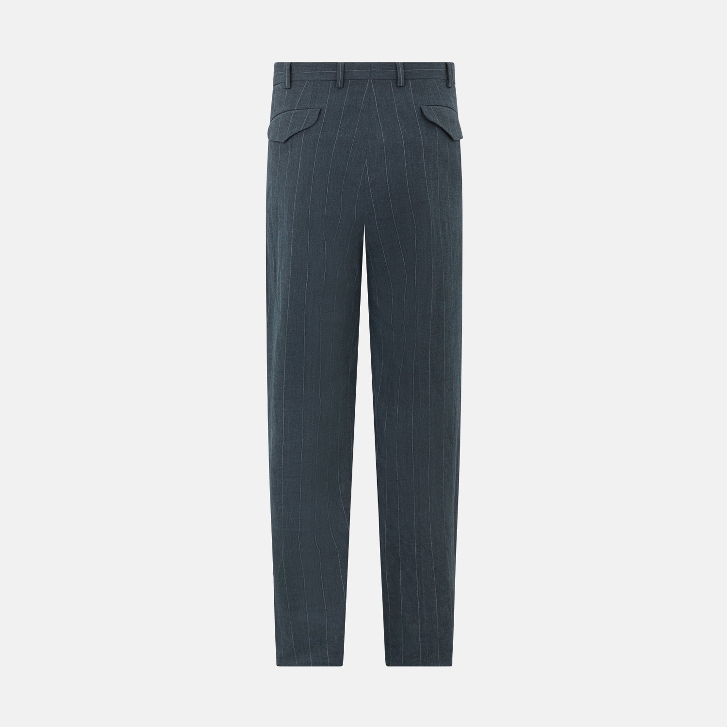 View 4 of product A pair of Forest Green Striped Edmund trousers by Turnbull & Asser, featuring a button and zip closure, belt loops, and a tailored straight-leg fit, shown against a plain white background.