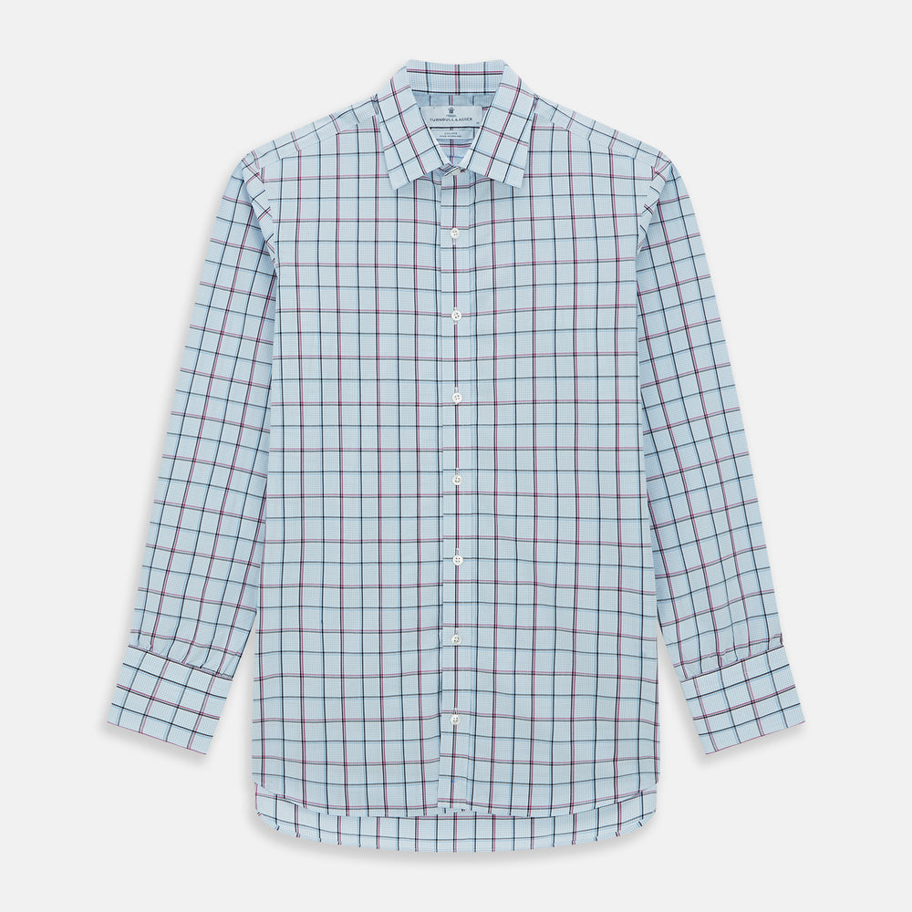 The Turnbull & Asser Blue and Pink Tattersall Check Mayfair Shirt features a classic tattersall pattern with a T&A collar and cuffed sleeves.