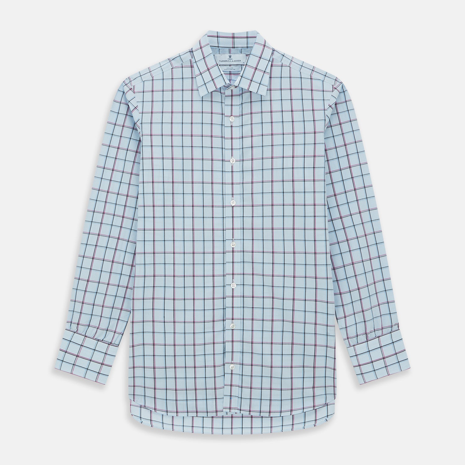 View 1 of product The Turnbull & Asser Blue and Pink Tattersall Check Mayfair Shirt features a classic tattersall pattern with a T&A collar and cuffed sleeves.