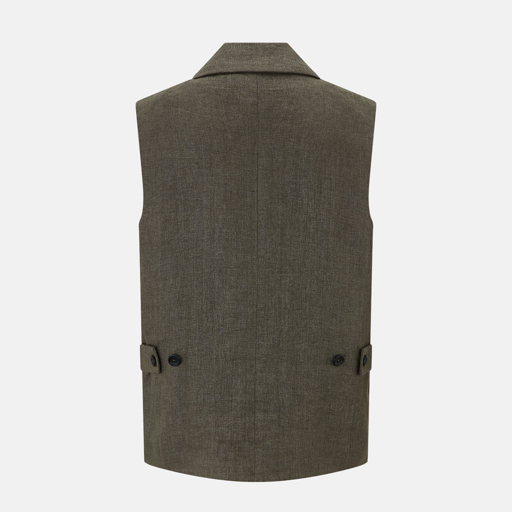 The Turnbull & Asser Olive Collared Linen Waistcoat is a sleeveless olive waistcoat with a collar, front buttons, one chest pocket, and two zippered side pockets, shown against a plain white background.