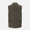 View 9 of product The Turnbull & Asser Olive Collared Linen Waistcoat is a sleeveless olive waistcoat with a collar, front buttons, one chest pocket, and two zippered side pockets, shown against a plain white background.