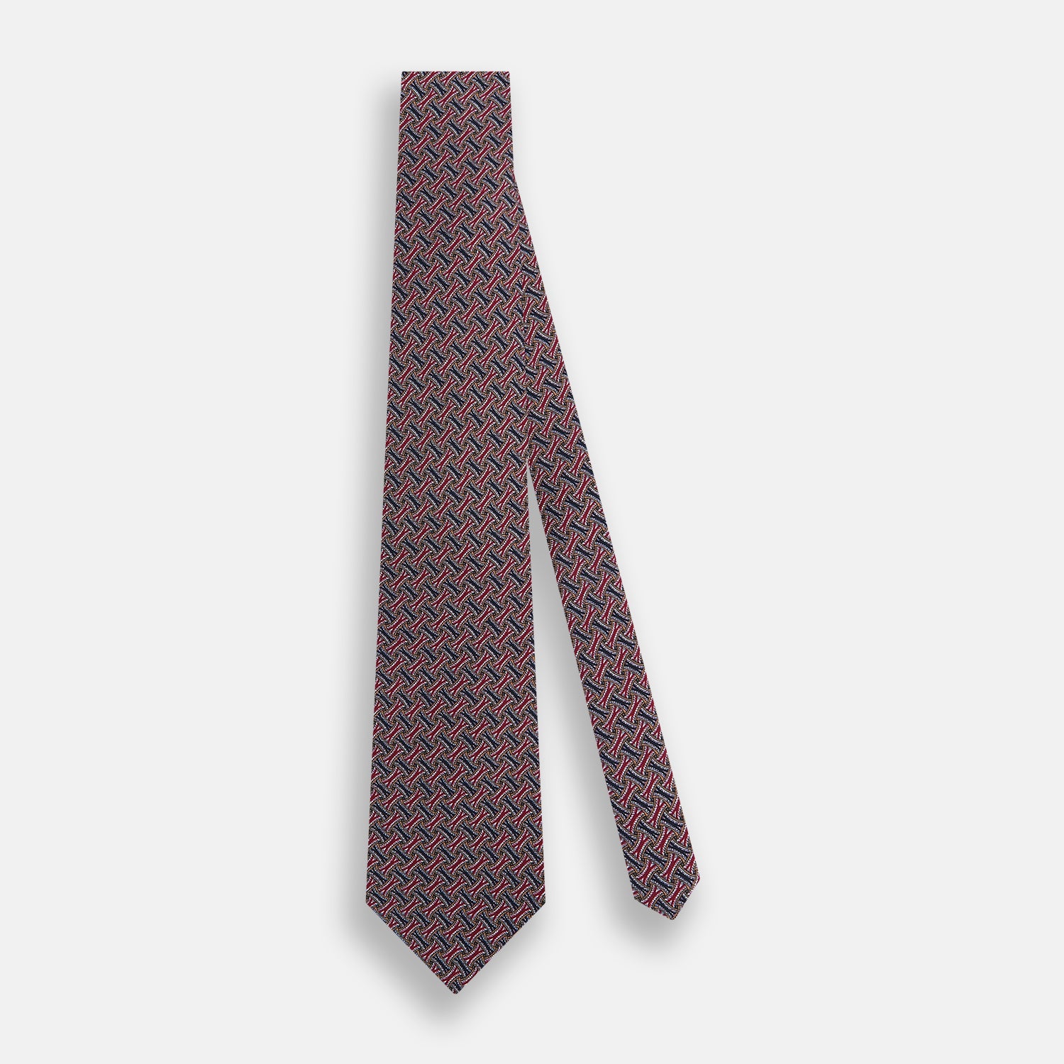 View 2 of product The Turnbull & Asser Burgundy and Navy Weave Patterned Silk Tie features a geometric design in rich tones on silk fabric.