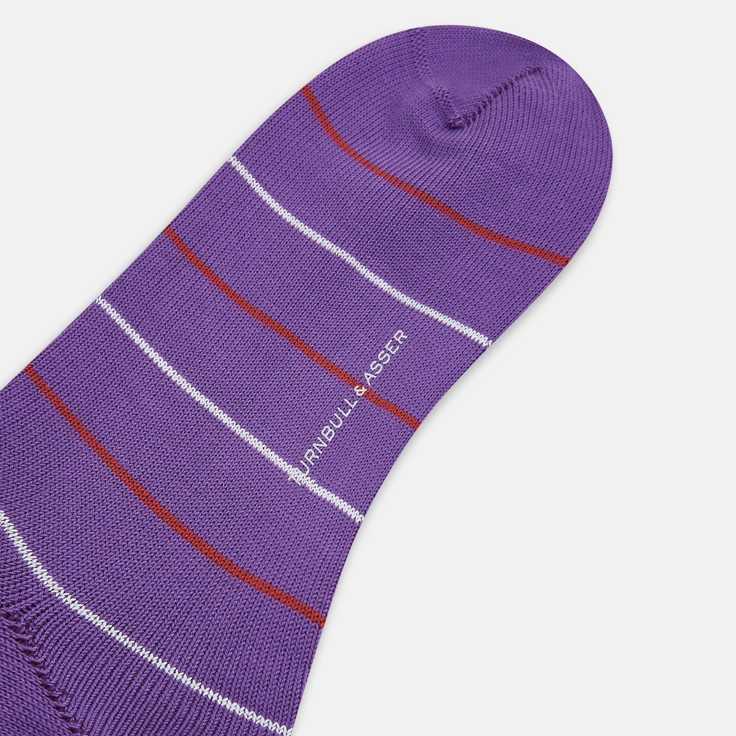 View 3 of product The Purple Striped Mid-Length Socks by Turnbull & Asser feature thin white and reddish-brown stripes on a purple background—ideal for fans of stylish striped socks.