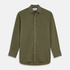 View 1 of product The Turnbull & Asser Green Silk Regular Fit Flaxton Shirt features long sleeves, a classic Bury collar, white buttons, and a straight hem, shown against a plain white background.