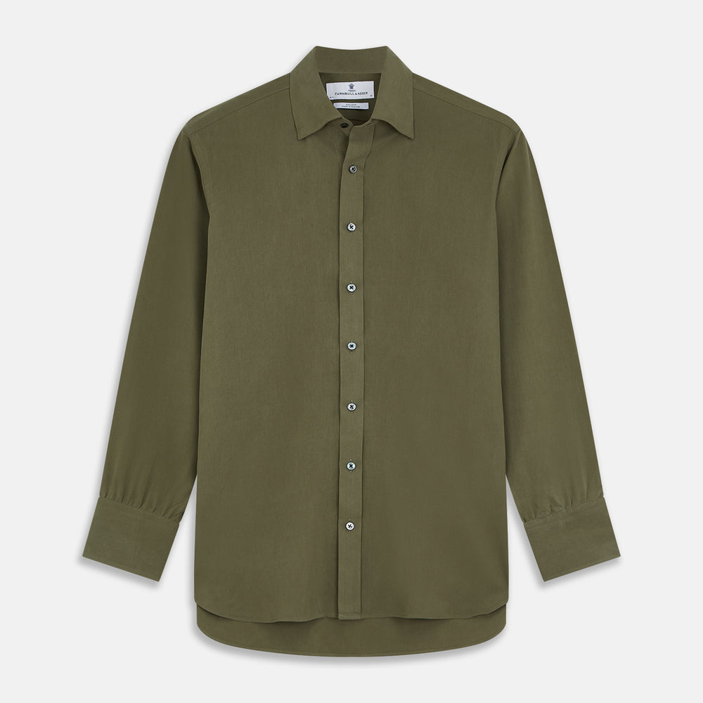 The Turnbull & Asser Green Silk Regular Fit Flaxton Shirt features long sleeves, a classic Bury collar, white buttons, and a straight hem, shown against a plain white background.