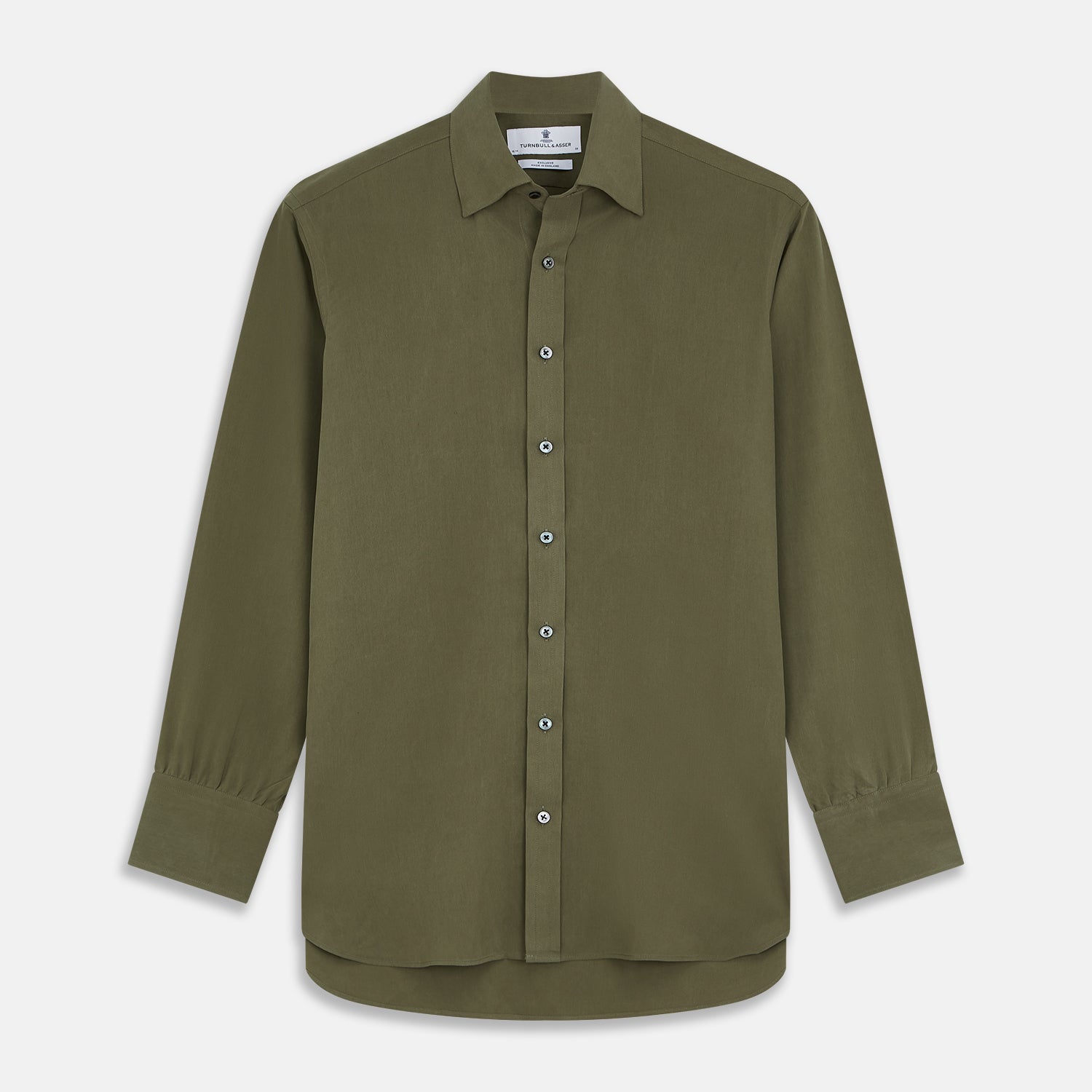View 1 of product The Turnbull & Asser Green Silk Regular Fit Flaxton Shirt features long sleeves, a classic Bury collar, white buttons, and a straight hem, shown against a plain white background.
