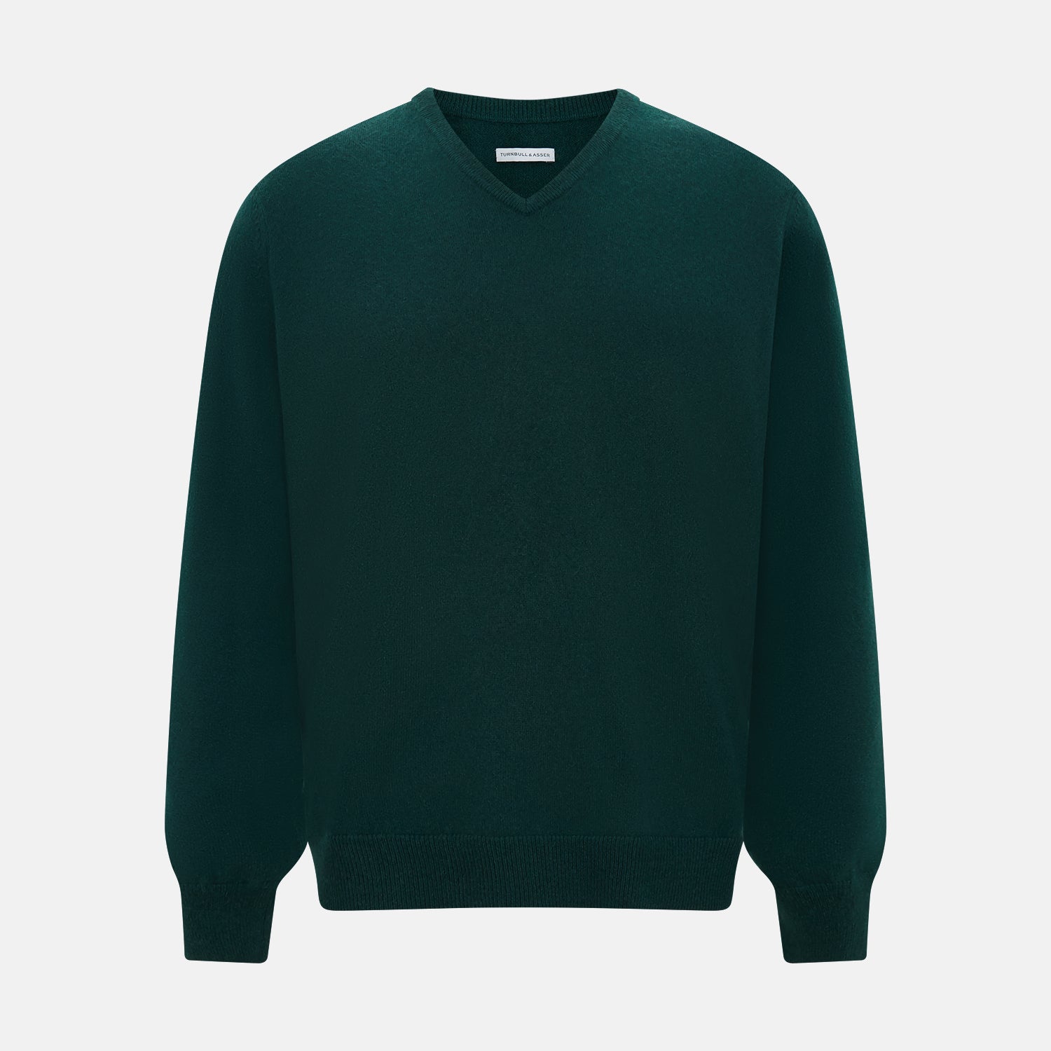 View 1 of product The Turnbull & Asser Forest Green Cashmere V-neck Jumper features ribbed cuffs and hem, shown against a white background—an essential knitwear staple for any wardrobe.