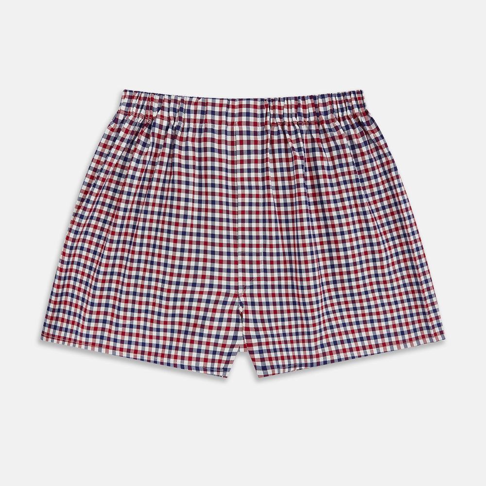 Burgundy gingham check Godfrey men's boxer shorts by Turnbull & Asser, crafted from luxury Italian cotton with an elastic waistband, displayed flat on a white background.