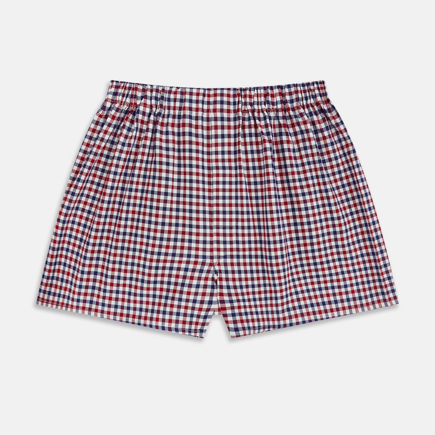 View 1 of product Burgundy gingham check Godfrey men's boxer shorts by Turnbull & Asser, crafted from luxury Italian cotton with an elastic waistband, displayed flat on a white background.