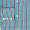 View 4 of product The Turnbull & Asser Turquoise Ticking Stripe Mayfair Shirt is a long-sleeve, button-up shirt in fine Italian cotton with light blue and white stripes, a collar, white buttons, curved hem, and subtle turquoise ticking stripe.