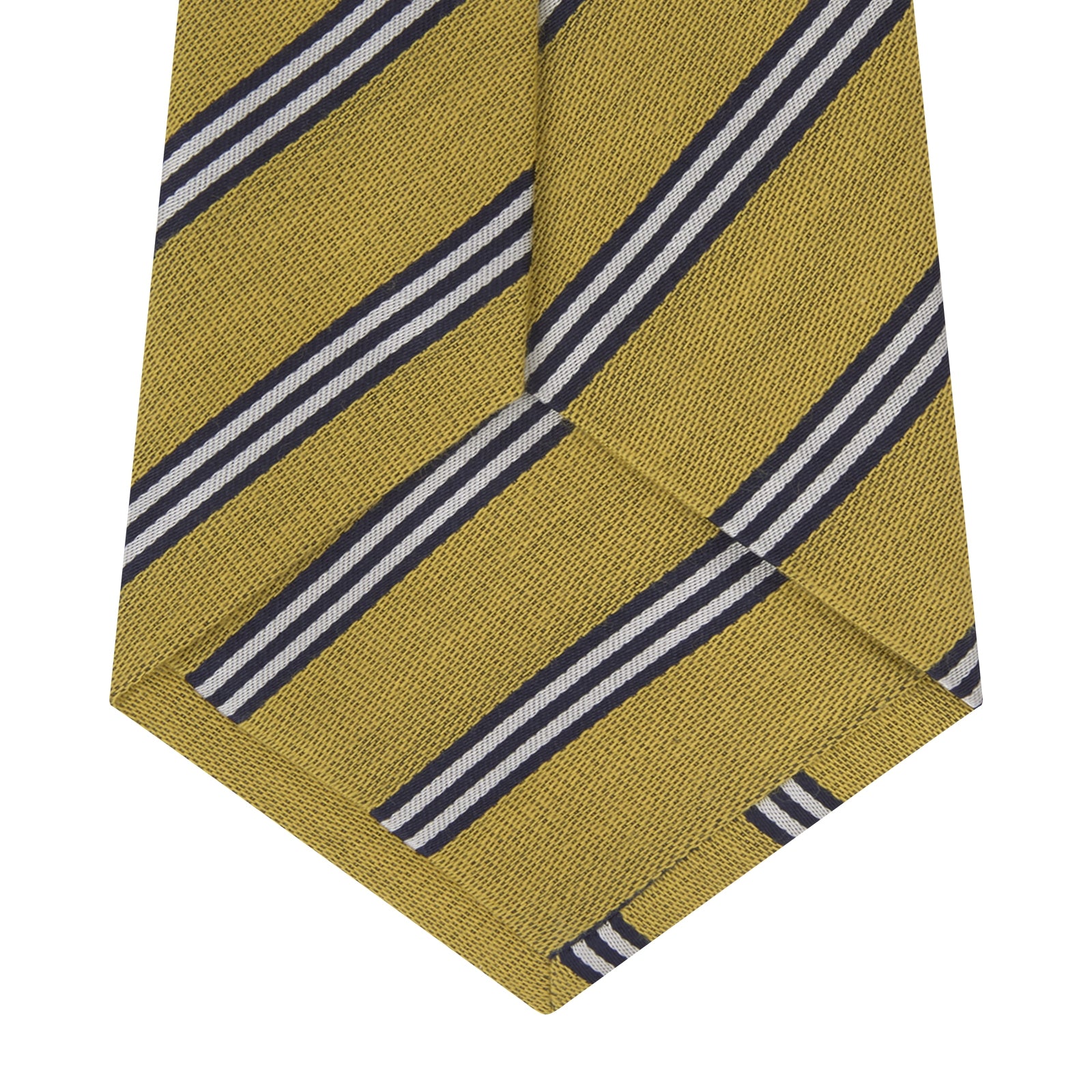 View 4 of product The Turnbull & Asser GGT92000 3042 11 OS is a classic yellow necktie with diagonal black and white stripes, rolled elegantly on a white background.