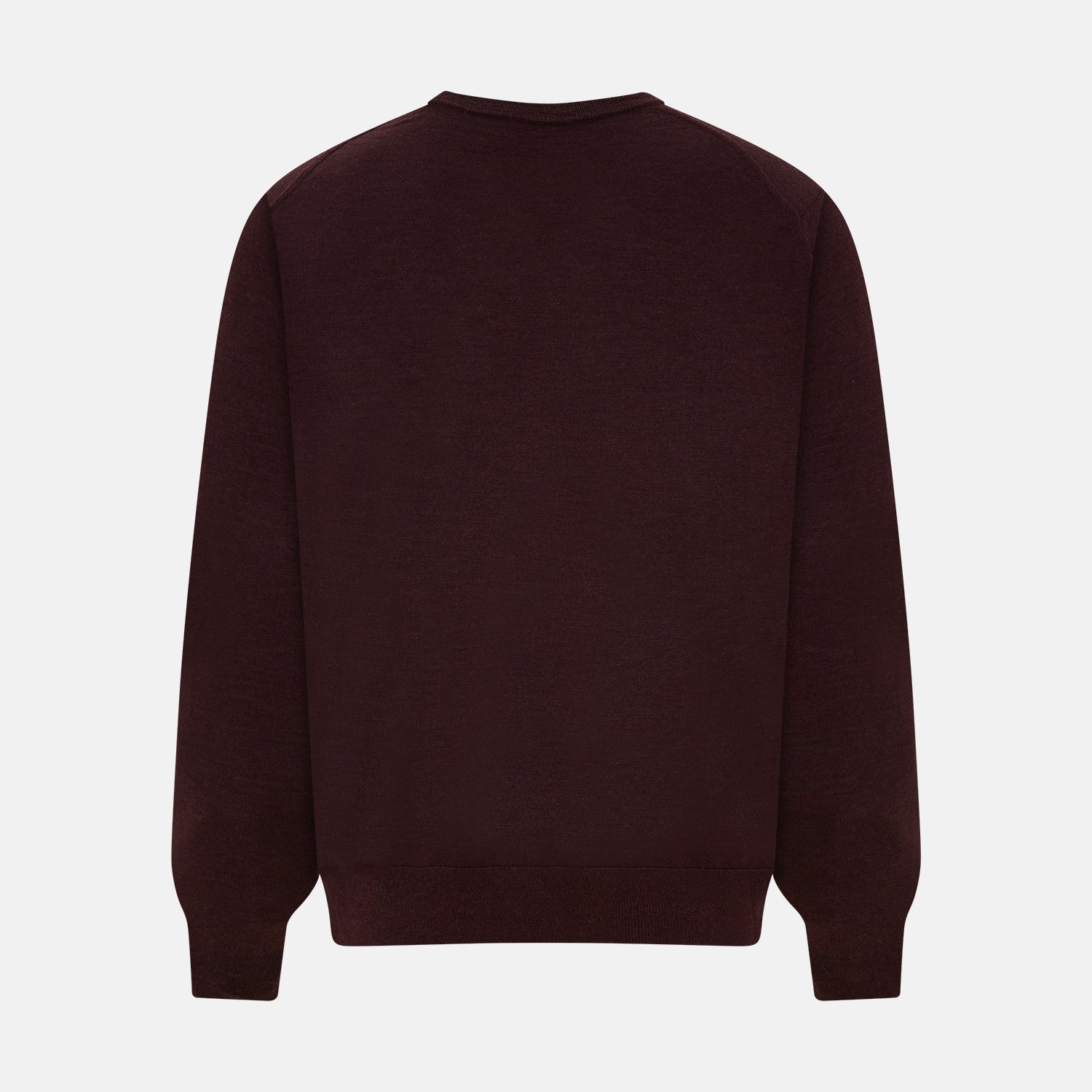 View 3 of product The Turnbull & Asser Burgundy Fine Merino V-Neck Jumper features a classic plain knit design with long sleeves, showcased against a crisp white background.
