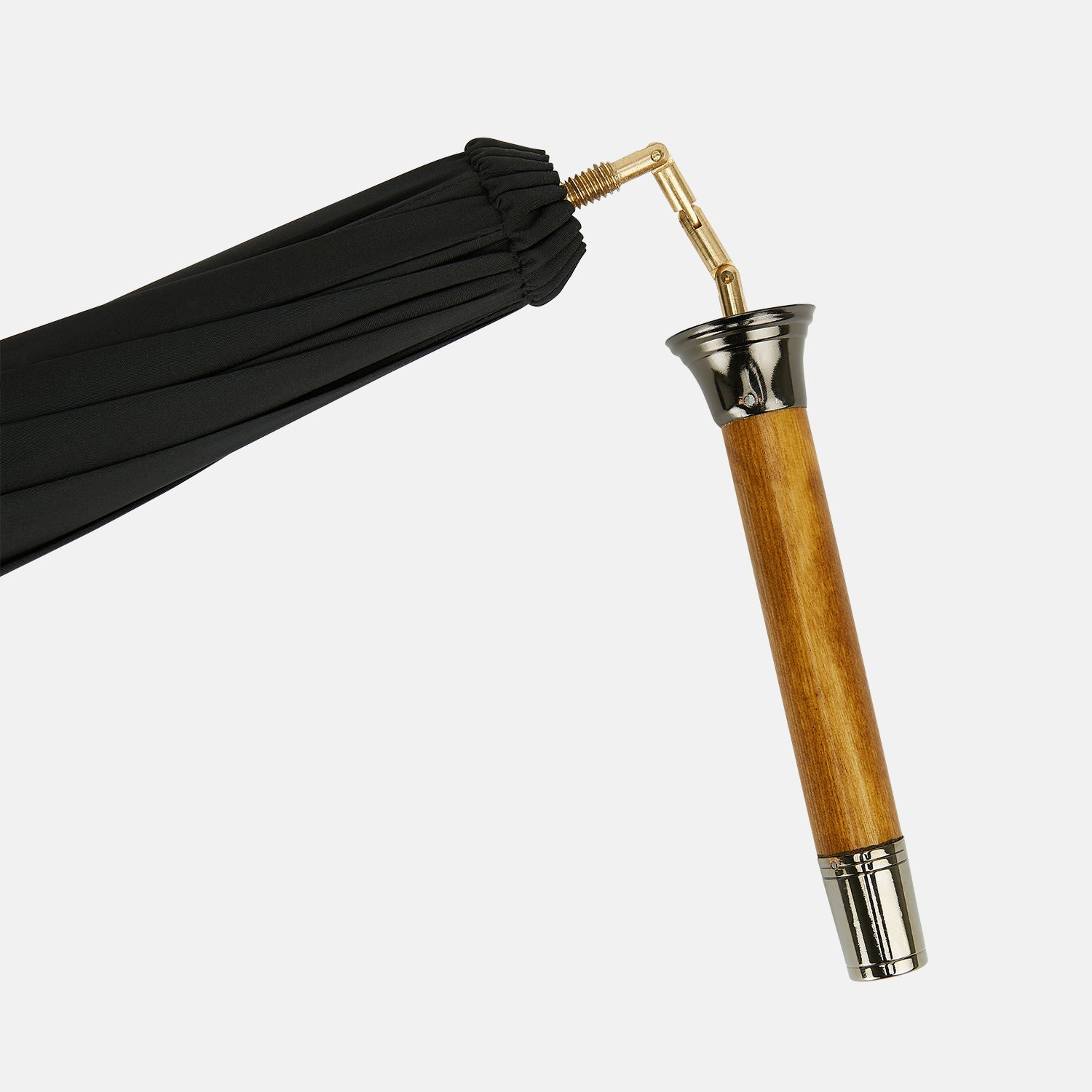 View 4 of product The Turnbull & Asser Black Traveller Umbrella features a Malacca crook handle and straight wooden shaft—a timeless accessory displayed fully opened against a white background.