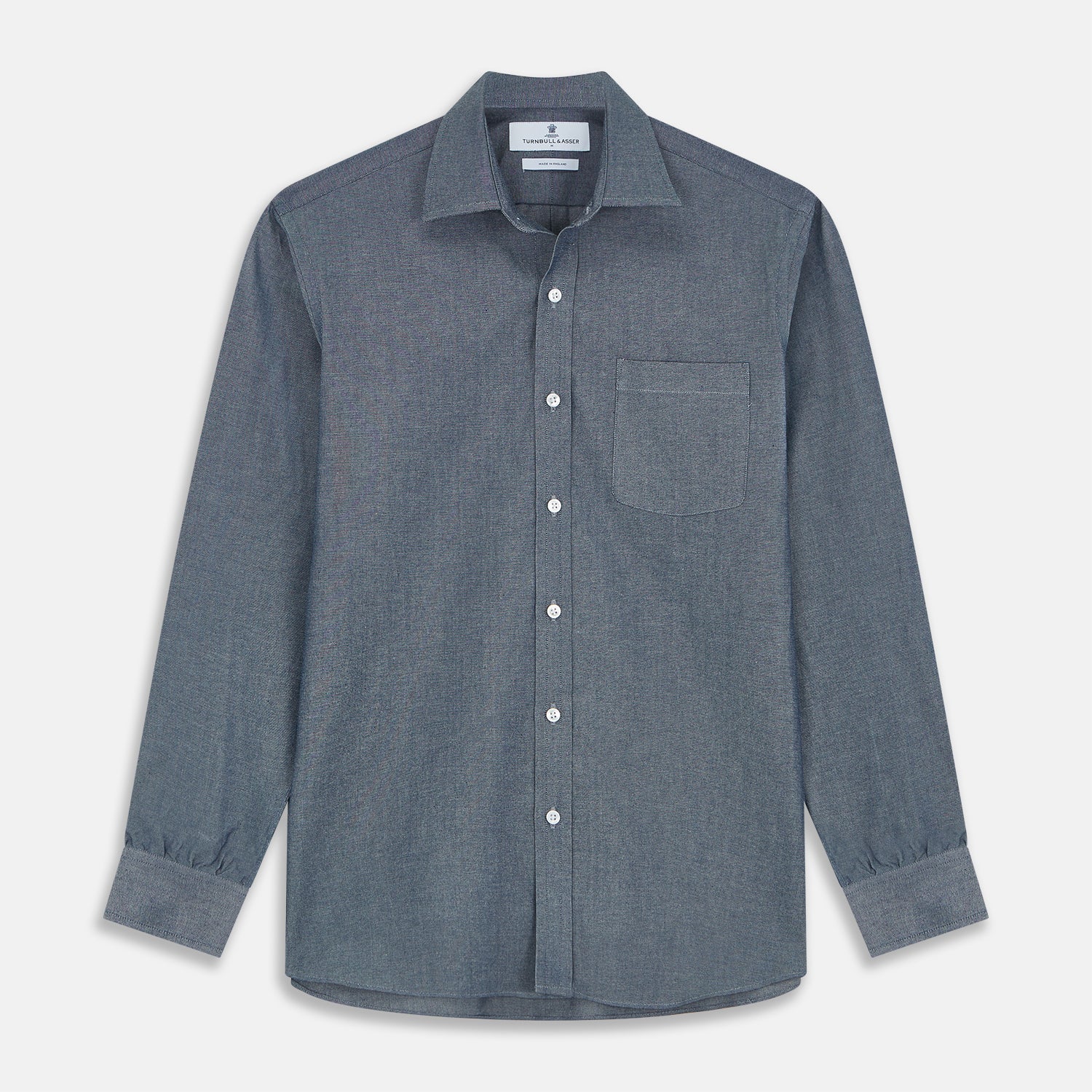 View 1 of product The Turnbull & Asser Blue Weekend Fit Oxford Finch Shirt features a Derby collar, chest pocket, white buttons, and classic fit—part of the Weekend Fit shirts collection—laid flat on a white background.