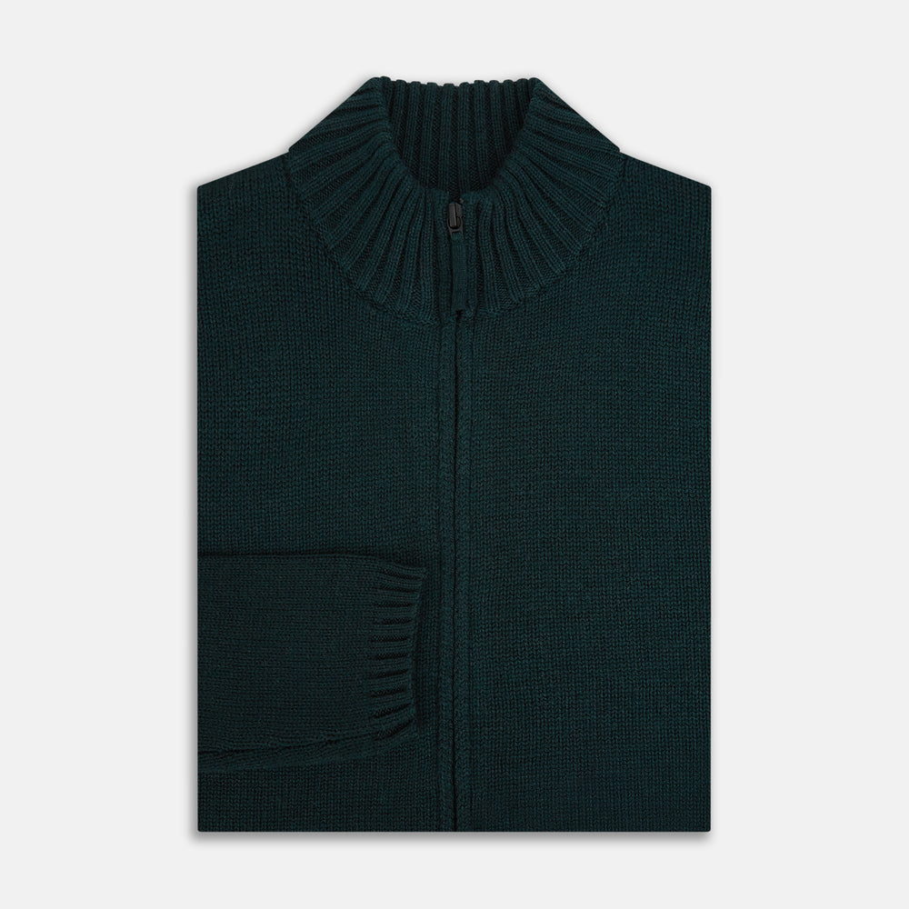 The Turnbull & Asser Forest Green Merino High Neck Zipped Cardigan features long sleeves, a ribbed high neck, cuffs, and hem, shown against a plain white background.