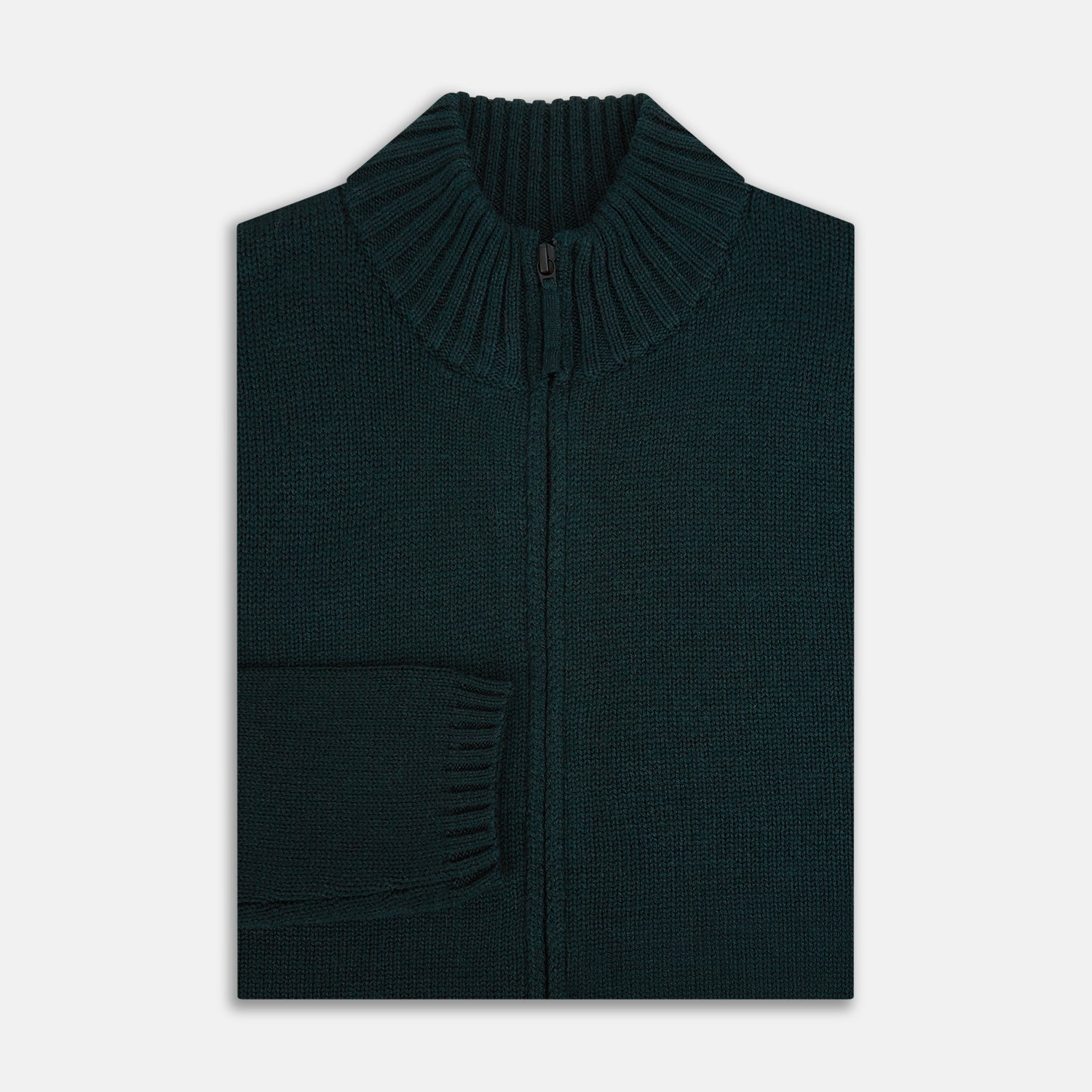 View 4 of product The Turnbull & Asser Forest Green Merino High Neck Zipped Cardigan features long sleeves, a ribbed high neck, cuffs, and hem, shown against a plain white background.