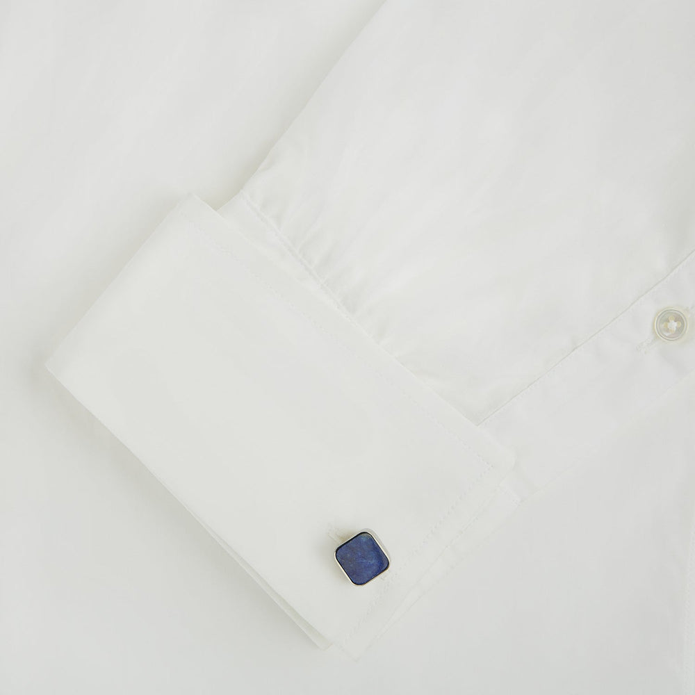 Turnbull & Asser Lapis Lazuli Square Cufflinks feature sterling silver settings and vibrant blue lapis lazuli inlays with gold flecks, shown on a white background.