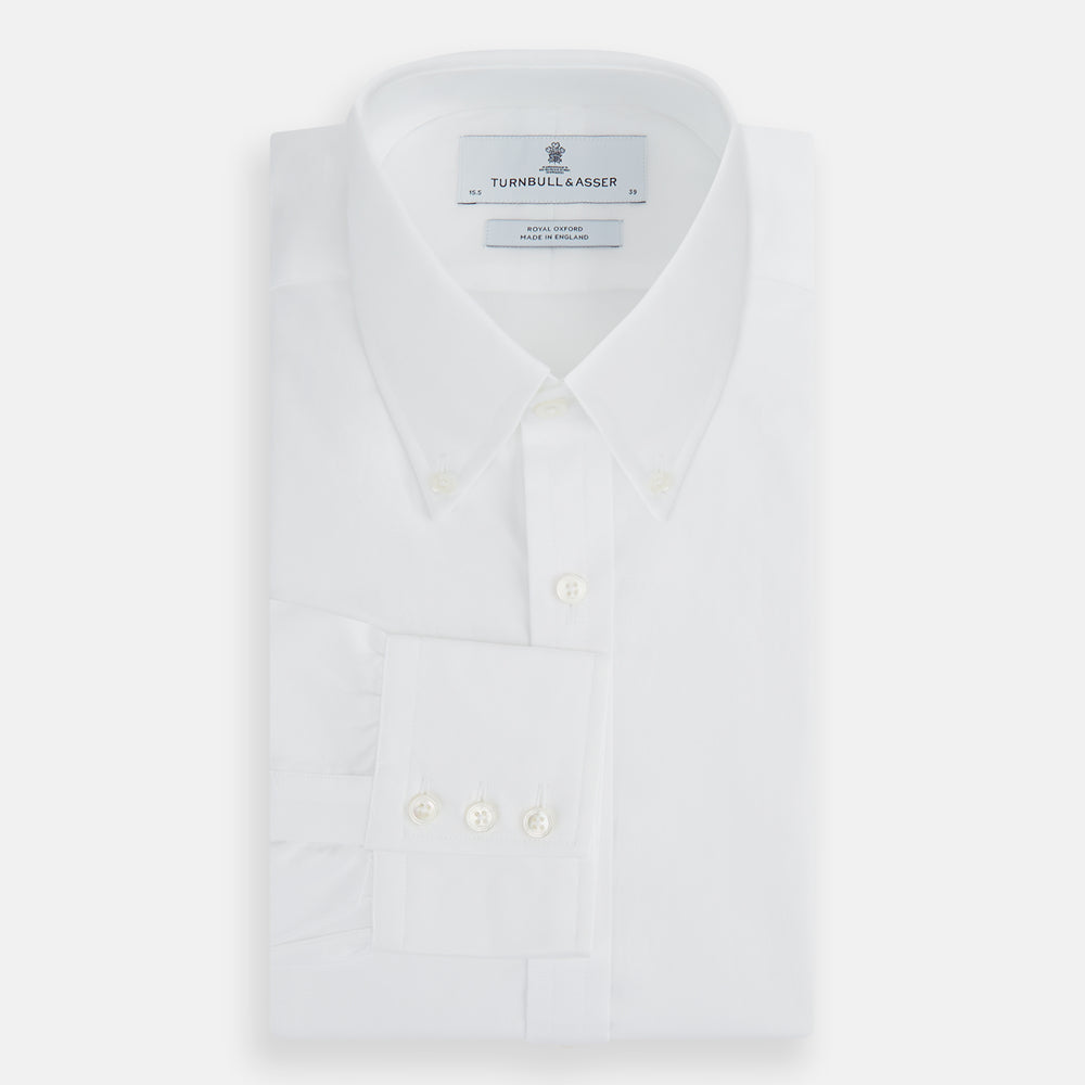 The Turnbull & Asser White Royal Oxford Cotton Shirt features a button-down collar and 3-button cuffs, ideal for minimalist looks, displayed on a white background.