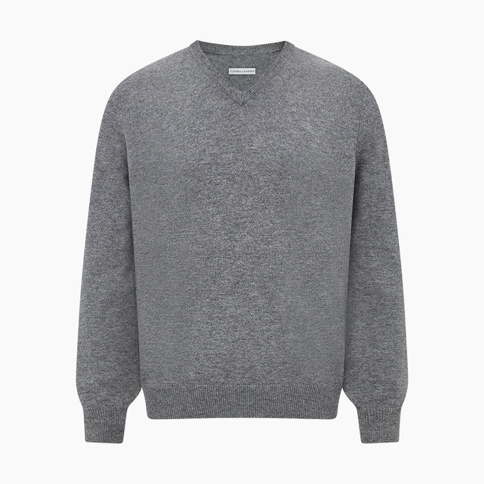 Grey Melange Cashmere V-neck Jumper Image 4