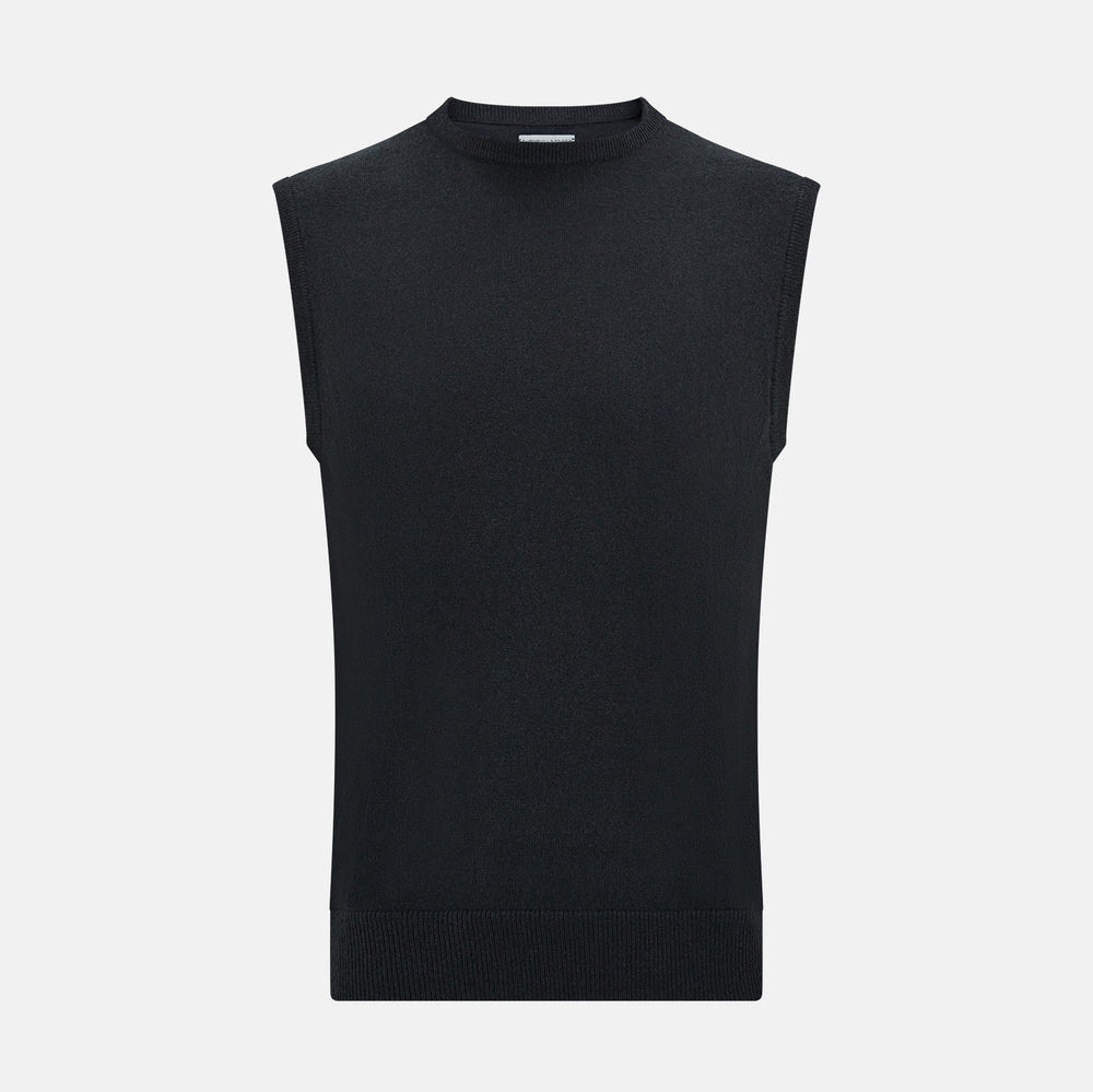 The Turnbull & Asser Dark Green Cashmere Round Neck Vest is a sleeveless knit style with a ribbed hem, shown against a white background—a modern, versatile twist on the classic vest.