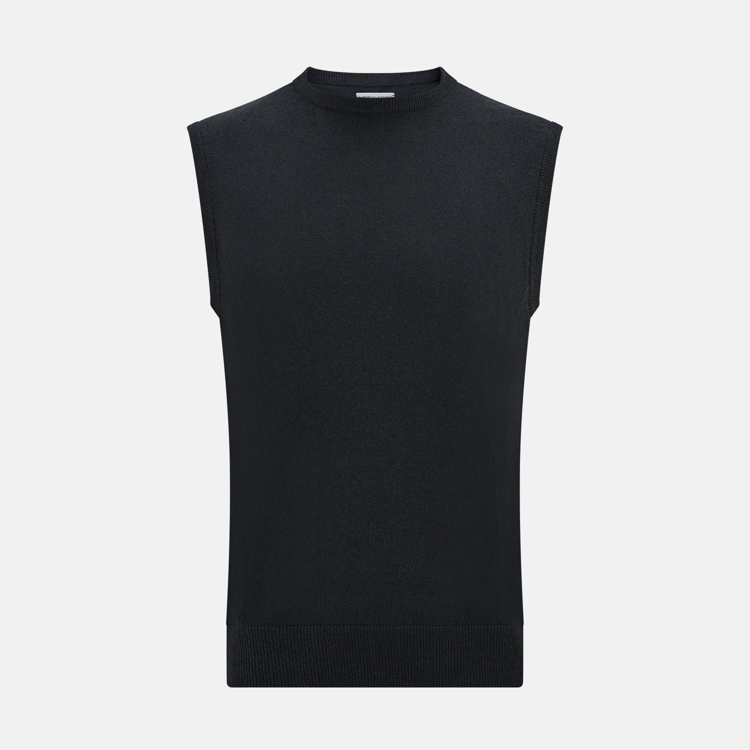 View 1 of product The Turnbull & Asser Dark Green Cashmere Round Neck Vest is a sleeveless knit style with a ribbed hem, shown against a white background—a modern, versatile twist on the classic vest.