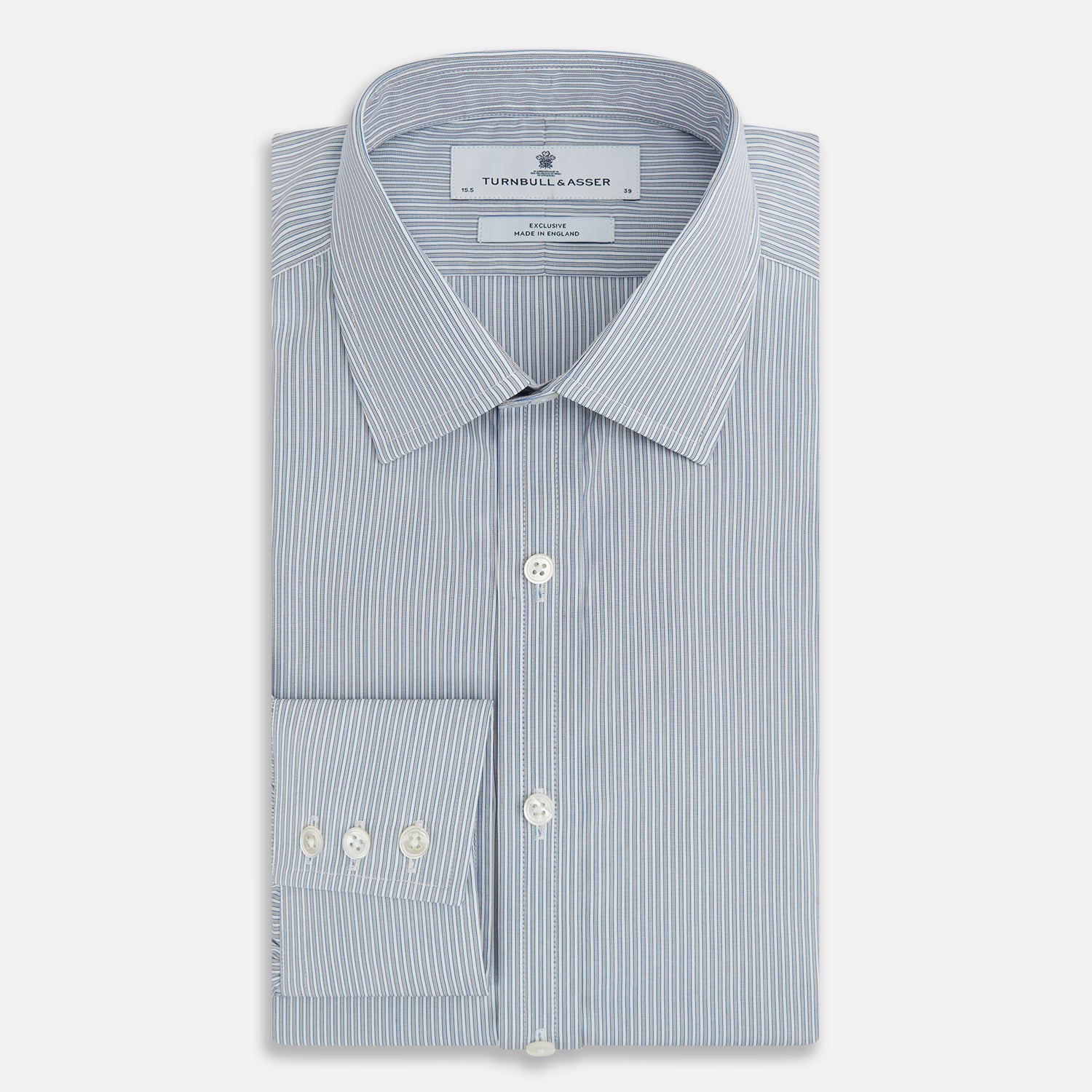 View 5 of product The Blue and Brown Ticking Stripe Mayfair Shirt by Turnbull & Asser, crafted from premium Italian cotton with a collar, white buttons, and buttoned cuffs, is an essential addition to any gentleman's wardrobe.