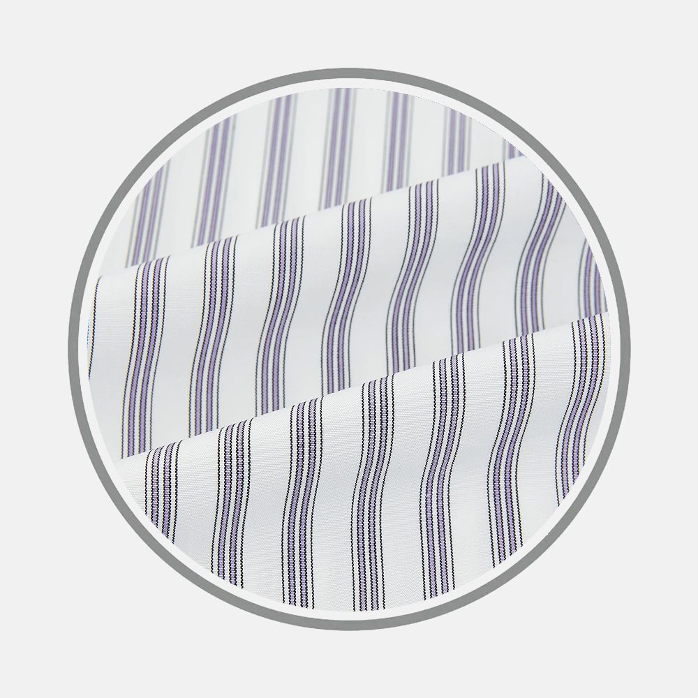 The Turnbull & Asser Purple Multi Stripe Fabric features white material with alternating navy blue and thin purple vertical stripes, shown in a circular frame on a light gray background.