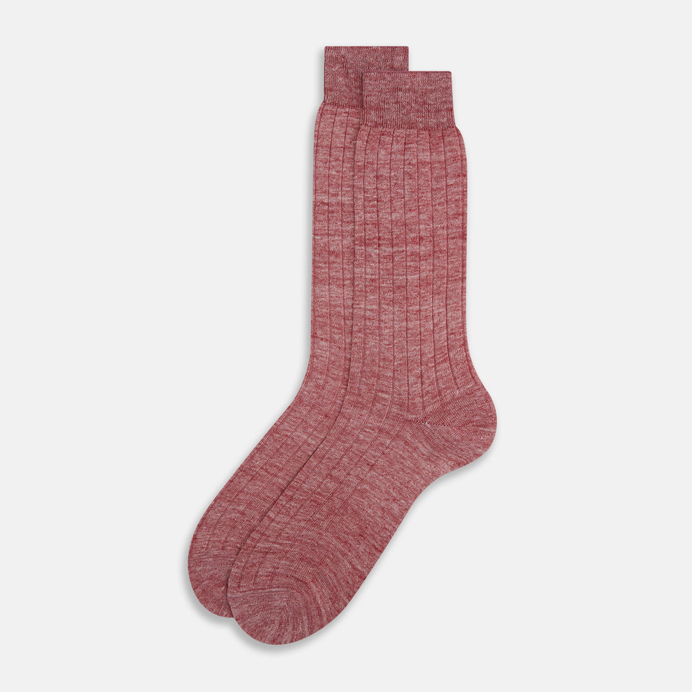 The image displays a single Turnbull & Asser Burgundy Linen Mid-Length Sock, upright as if worn on a foot, set against a plain white background.