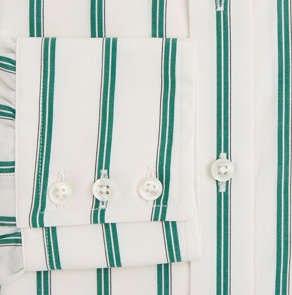 Elevate your wardrobe with the Turnbull & Asser Green Double Track Stripe Mayfair Shirt, crafted from soft organic cotton with a white base, classic collar, and buttoned cuffs—shown against a plain white background.