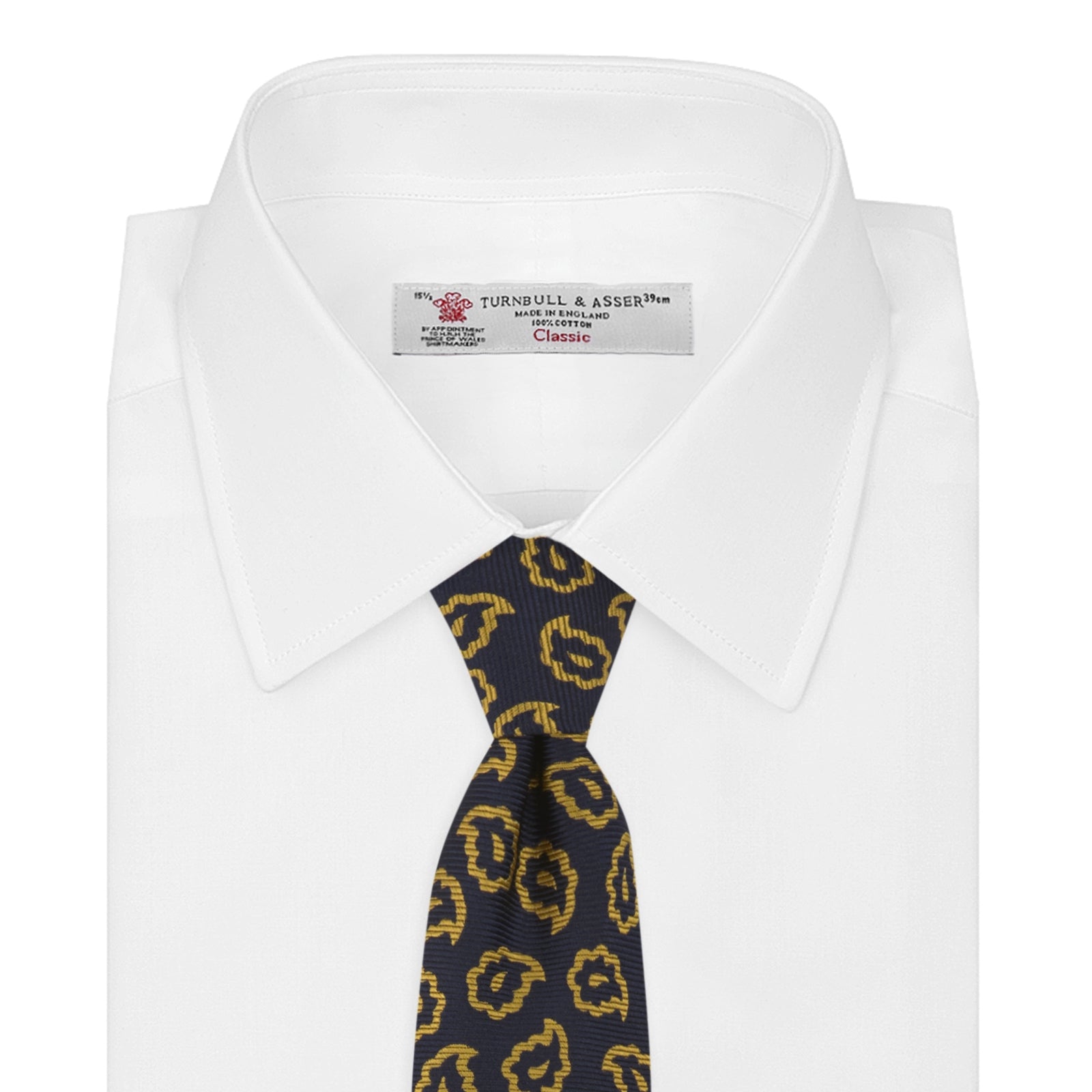 View 3 of product The Navy and Gold Petal Paisley Silk Tie by Turnbull & Asser features a repeating yellow abstract pattern, neatly rolled on a white background.