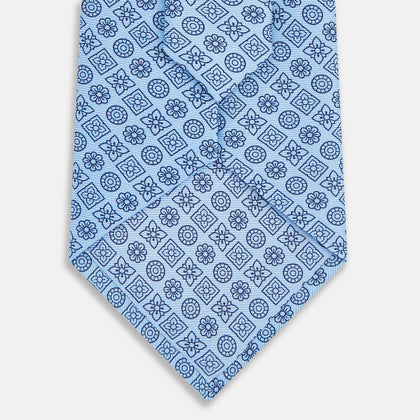Blue Floral Tile Pattern Printed Silk Tie Image 2