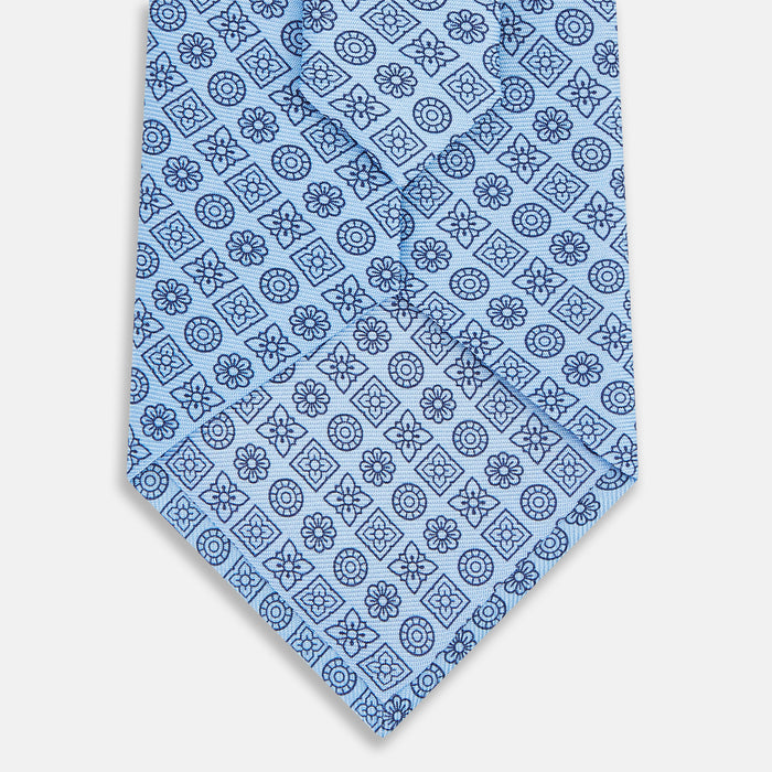 Blue Floral Tile Pattern Printed Silk Tie Image 2