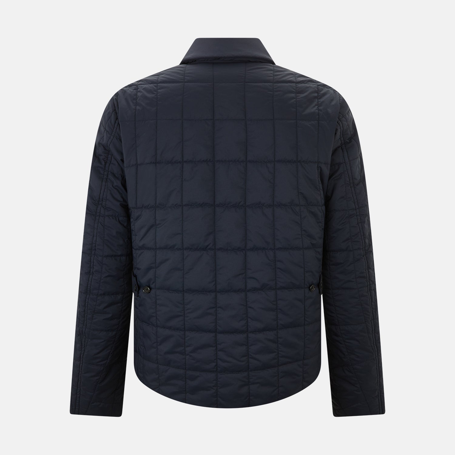 View 3 of product The Turnbull & Asser Battersea Navy Quilted Jacket features a versatile quilted design with a front zipper, zippered pockets, collared neckline, buttoned cuffs, and a subtle square pattern—perfect for the modern gentleman.