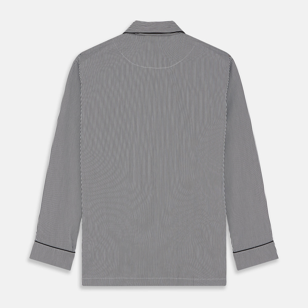 The Turnbull & Asser Black Candy Stripe Cotton Hyde Pyjama Set for men features soft cotton striped pajamas with a long-sleeve, button-up shirt detailed with black piping and three pockets, plus matching pants, both laid flat on a white background.
