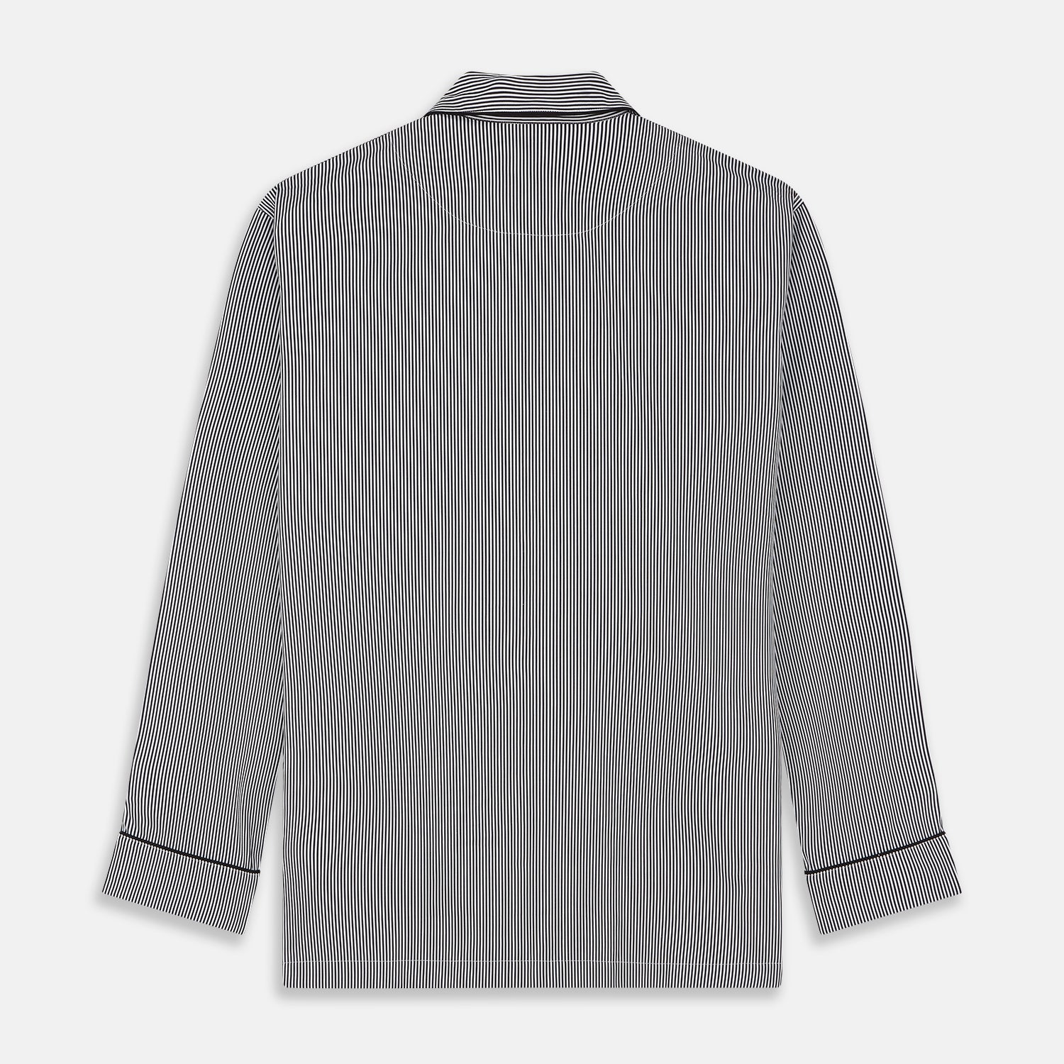 View 6 of product The Turnbull & Asser Black Candy Stripe Cotton Hyde Pyjama Set for men features soft cotton striped pajamas with a long-sleeve, button-up shirt detailed with black piping and three pockets, plus matching pants, both laid flat on a white background.