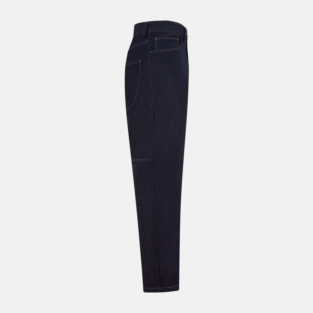 Turnbull & Asser Navy Denim Trousers feature a classic straight-leg cut, button and zipper closure, five-pocket workwear styling, and both front and back pockets, shown against a plain light background.