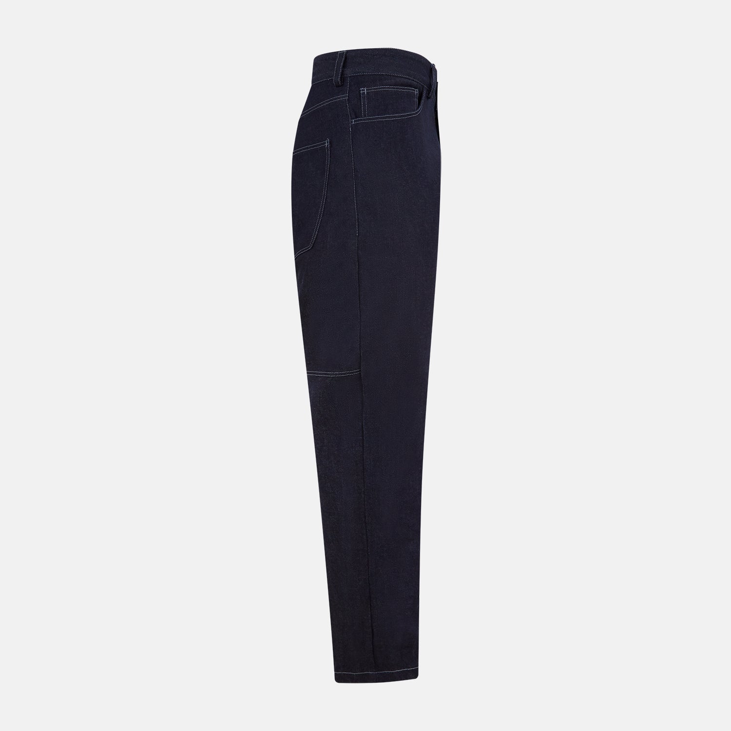 View 4 of product Turnbull & Asser Navy Denim Trousers feature a classic straight-leg cut, button and zipper closure, five-pocket workwear styling, and both front and back pockets, shown against a plain light background.