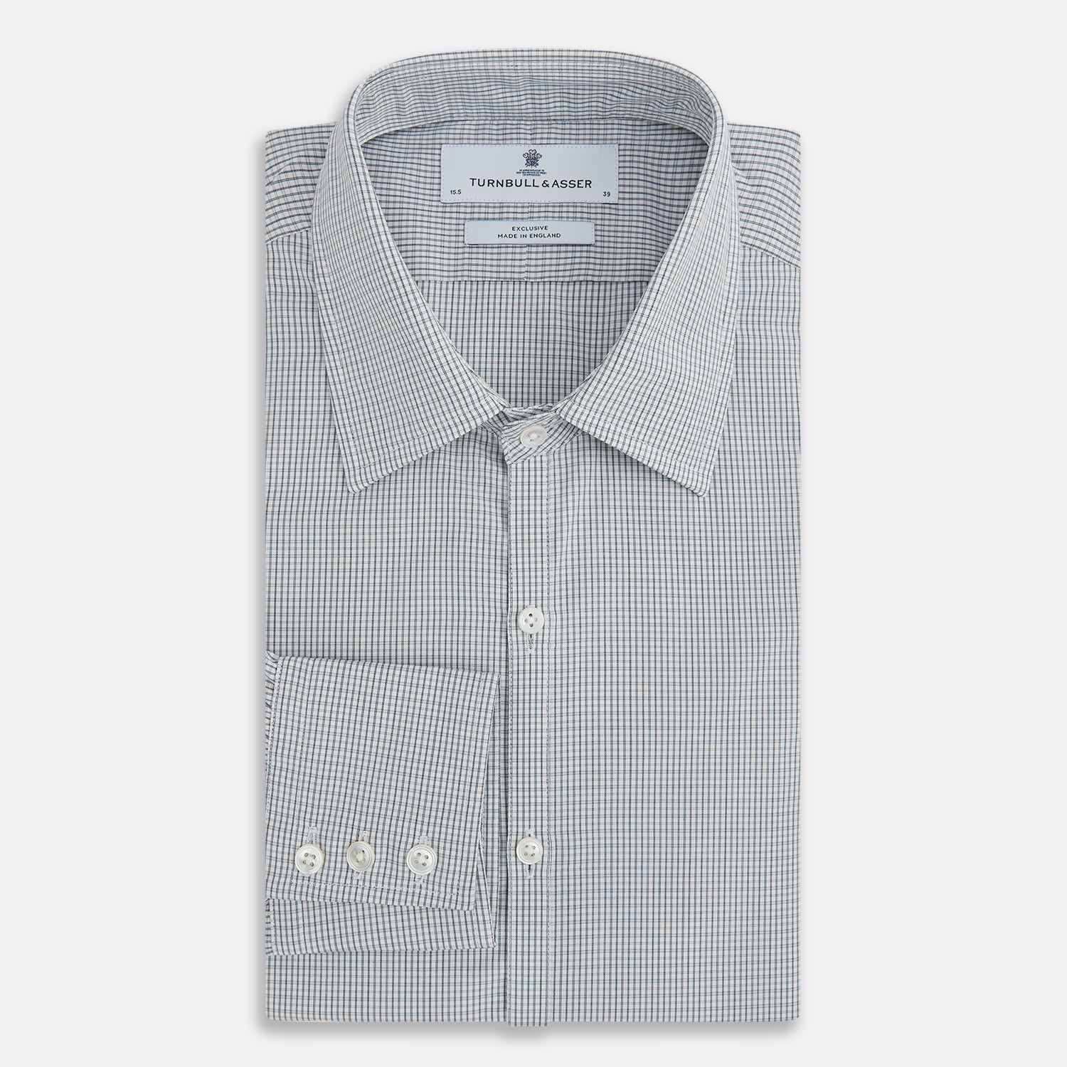 View 5 of product A forest green micro tattersall Westminster shirt by Turnbull & Asser with long sleeves, pointed collar, button-down front, and a tailored fit is displayed flat on a white background.