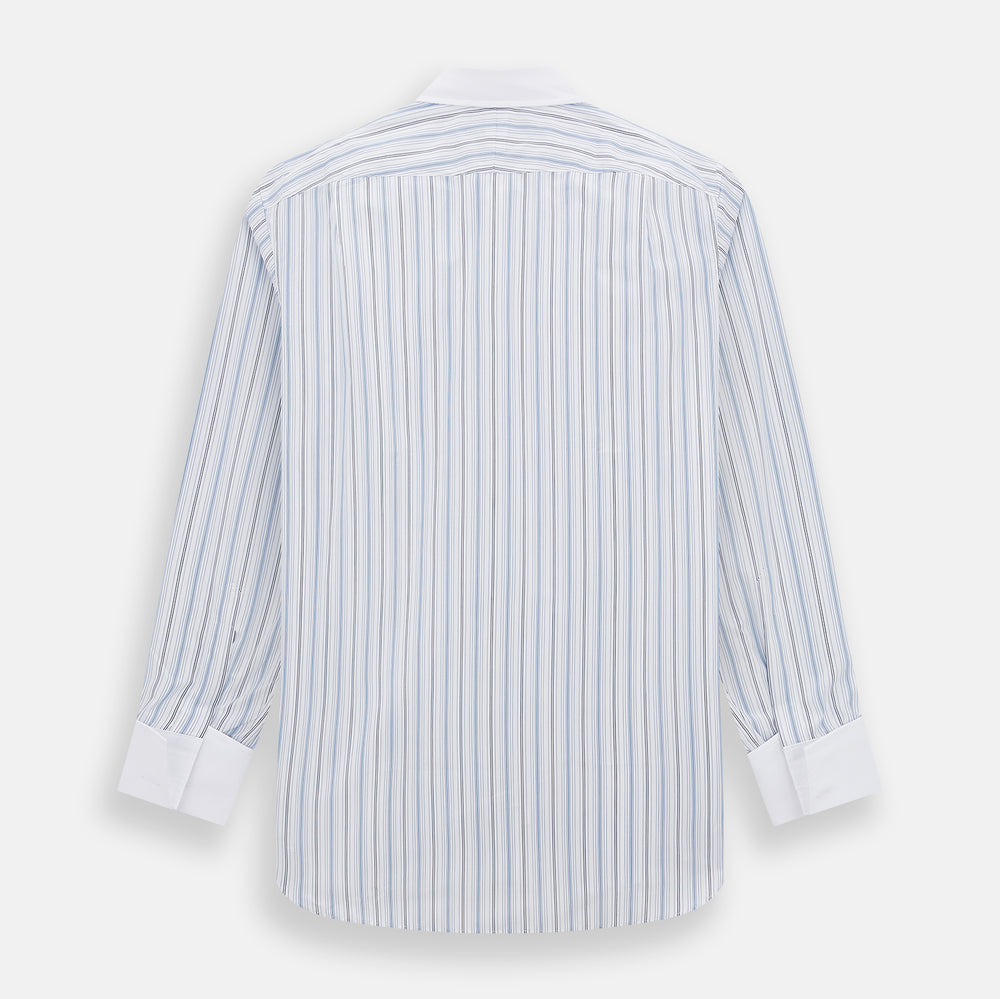 The Turnbull & Asser Navy and Blue Multi Stripe Shirt with Contrast Collar and Double Cuffs is shown in a Mayfair fit on a plain white background.
