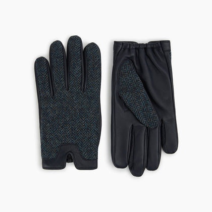 Navy Herringbone Tweed Cashmere-Lined Leather Gloves Image 2