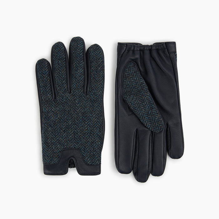 Navy Herringbone Tweed Cashmere-Lined Leather Gloves Image 2